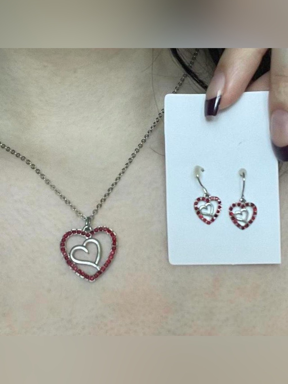 Silver Heart Pendant Necklace and Earrings Set with Red Stones